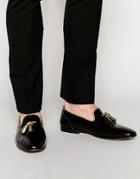 Asos Tassel Loafers In Black Leather With Gold Trims - Black