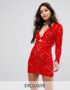 Love Triangle V Neck Mini Dress In All Over Lace - Red