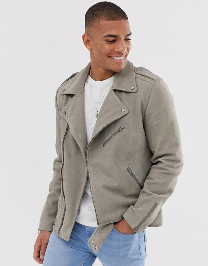 Asos Design Suede Biker Jacket In Stone - Stone