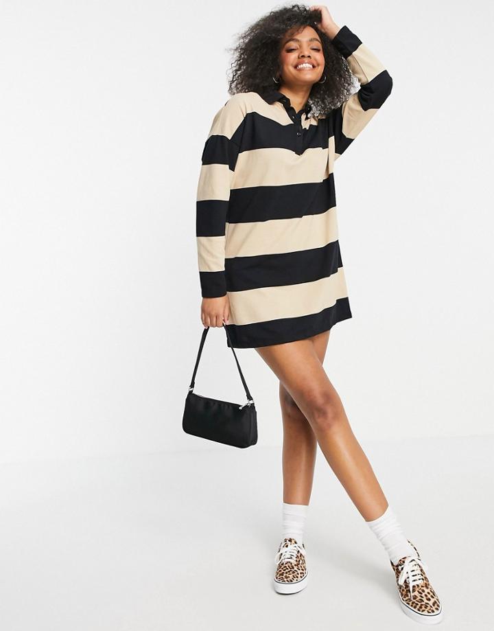 Asos Design Long Sleeve Collared Shirt Mini Dress In Black And Sand Stripe-white