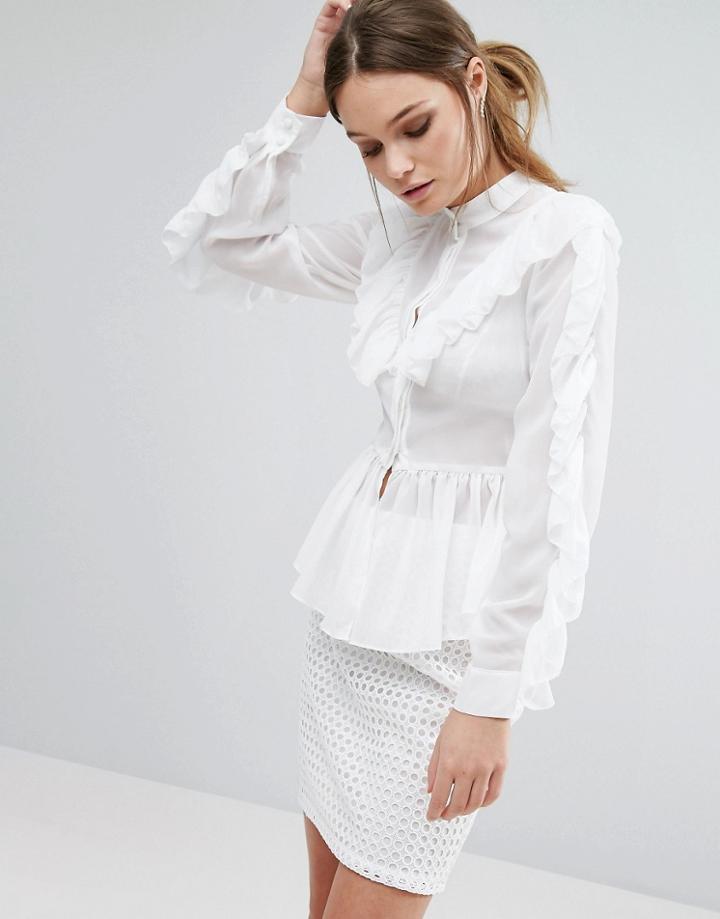 True Decadence Ruffle Detail Long Sleeve Blouse - White