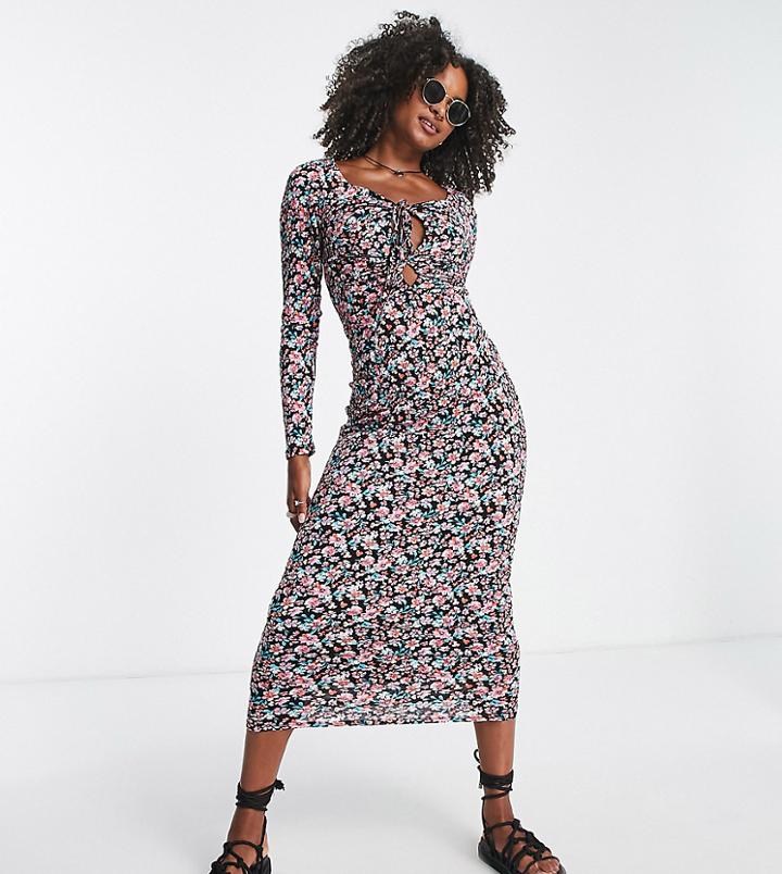 Only Tall Tie Detail Body-conscious Maxi Dress In Black Floral-multi