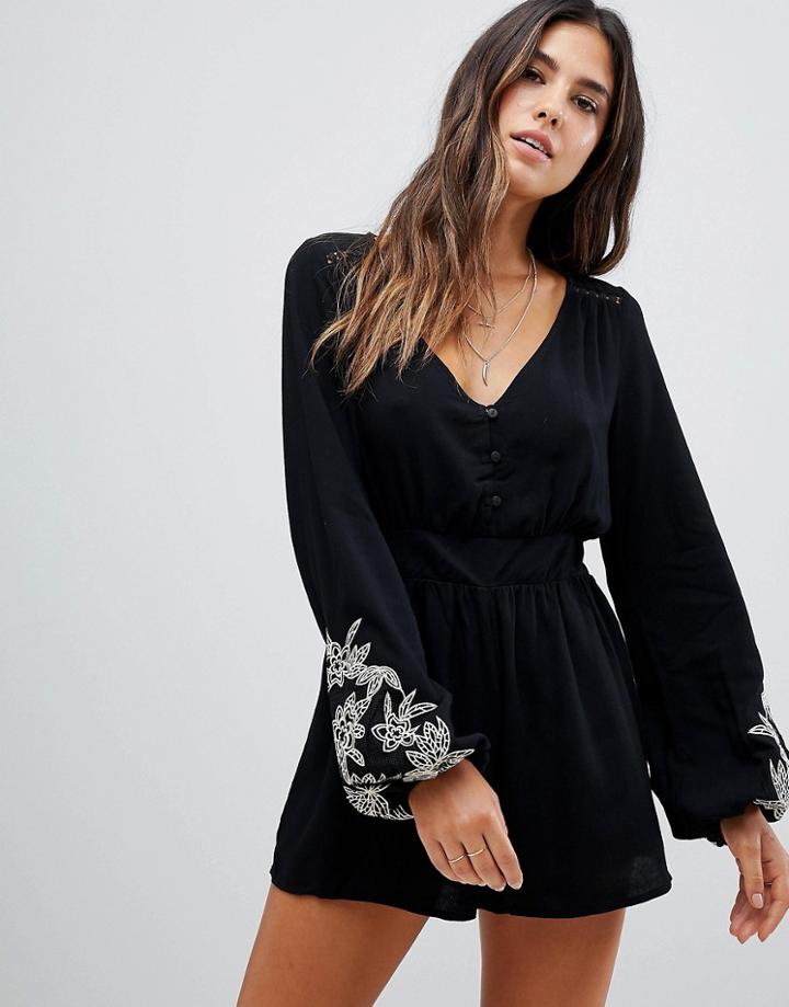 Lunik Long Sleeved Embroidered Romper - Black