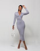 Wmnswear Plunge Zip-front Long Sleeve Midi Dress In Gray-grey