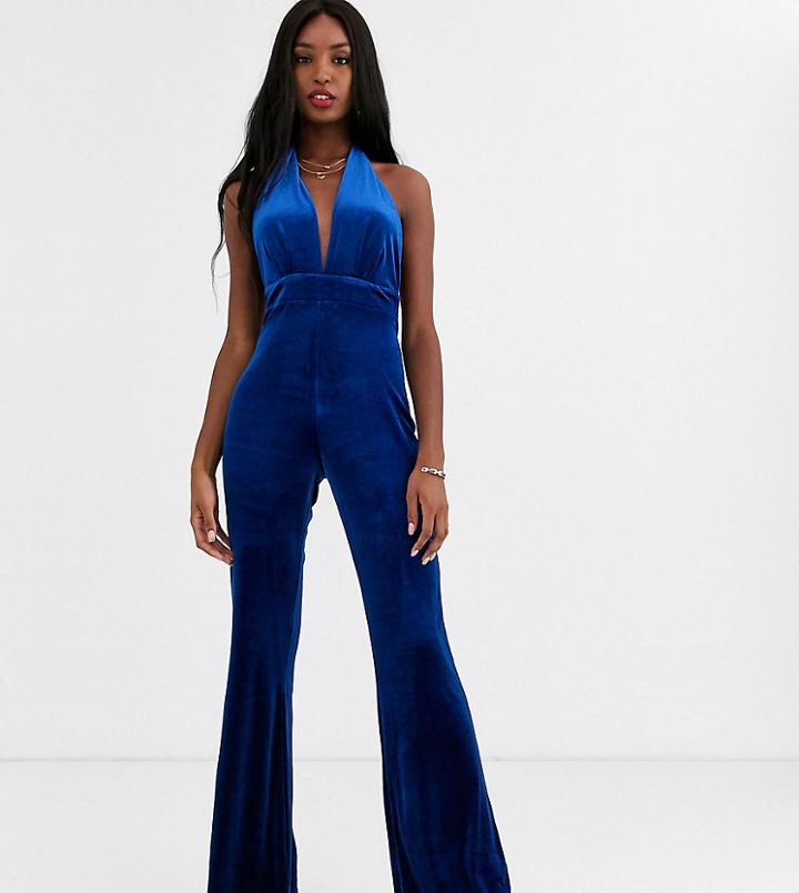 John Zack Tall Velvet Plunge Front Jumpsuit In Cobalt