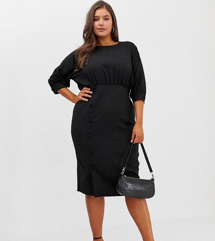 Asos Design Curve Midi Pencil Dress With Button Skirt - Black