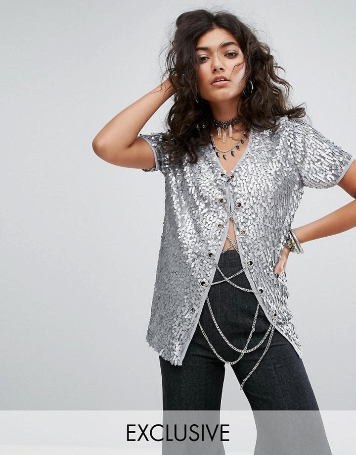 Sacred Hawk Chain Lace Up Sequin Top - Silver