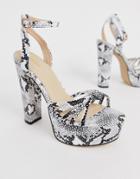 Prettylittlething Heeled Platform Sandals With Ankle Strap In Gray Snake - Multi