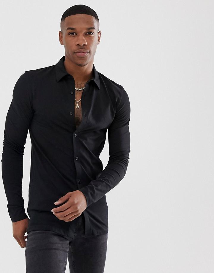 Asos Design Muscle Fit Long Sleeve Button Through Jersey Polo In Black - Black