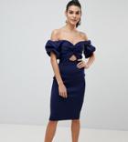 Flounce London Off Shoulder Bodycon Midi Dress With Cut Out Front - Navy