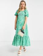 Qed London Puff Sleeve Square Neck Maxi Dress In Green Floral