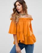 Asos Off Shoulder Top With Asymmetric Ruffle Hem - Red