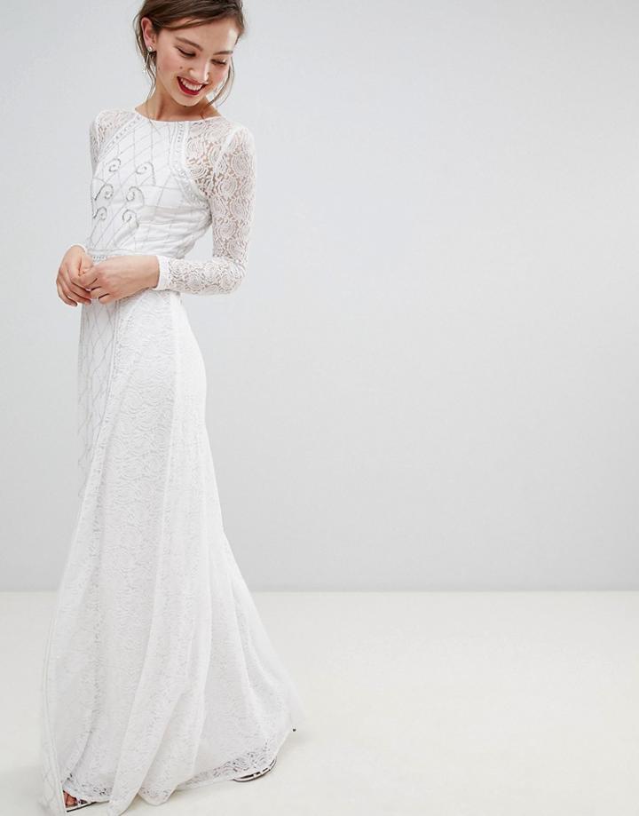 Frock & Frill Long Sleeve Lace Maxi Dress With Embellished Detail - White