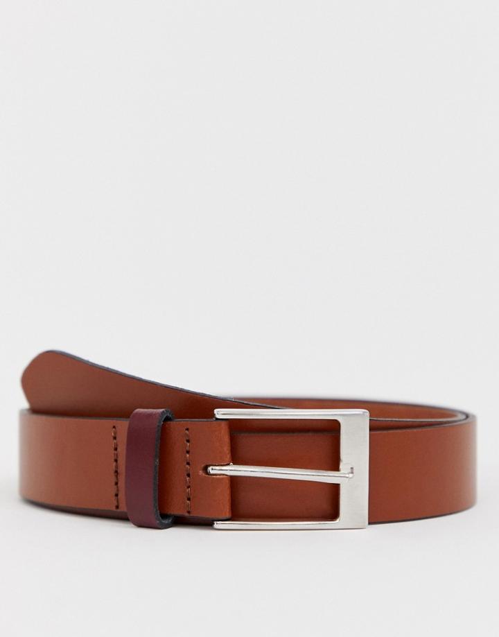 Asos Design Leather Slim Belt In Tan With Contrast Burgundy Keeper - Tan