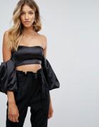 Missguided Satin Bubble Sleeve Crop Top - Black