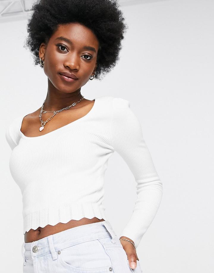 Miss Selfridge Ivory Rib Knit Sweetheart Neck Long Sleeve Sweater-white