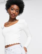 Miss Selfridge Ivory Rib Knit Sweetheart Neck Long Sleeve Sweater-white