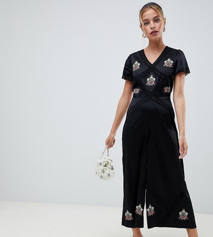 Asos Design Petite Tea Jumpsuit With Embroidery And Lace Insert - Black