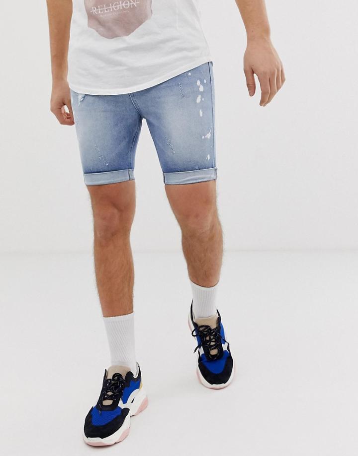Religion Slim Fit Denim Shorts In Blue Bleach Wash