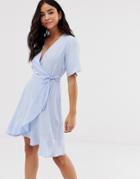 New Look Ruffle Hem Mini Wrap Dress In Light Blue - Blue