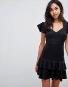 Asos Scuba Mini V Neck Dress With Ruffles-black