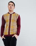 Asos Knitted Bomber In Burgundy And Mustard Check - Multi
