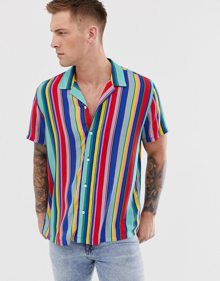 Asos Design Relaxed Rainbow Stripe Shirt-multi