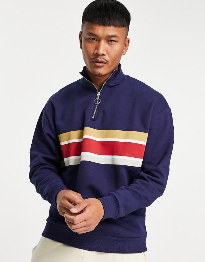 Asos Design Oversized Half Zip Sweatshirt In Navy With Stripe Print