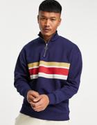 Asos Design Oversized Half Zip Sweatshirt In Navy With Stripe Print