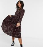 Asos Design Petite Long Sleeve Tiered Smock Midi Dress In Black Floral Print-multi