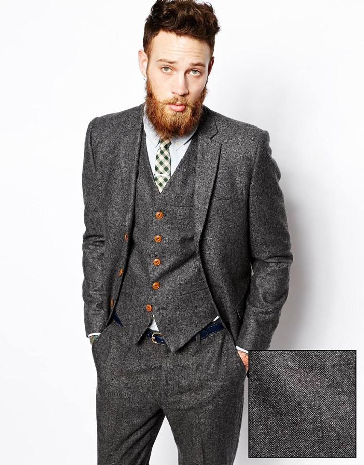 Asos Slim Suit Jacket In Herringbone - Gray