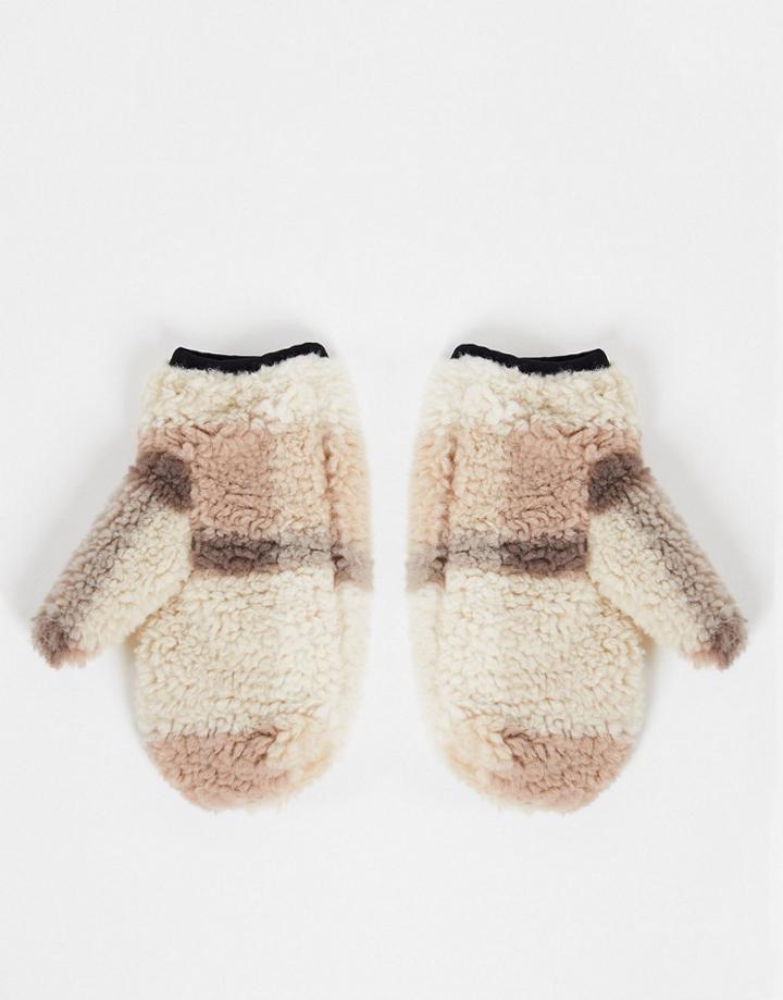 Asos Design Fleece Mittens In Neutral Check-multi