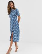 Asos Design Midi Tea Dress With Buttons In Floral Print-multi