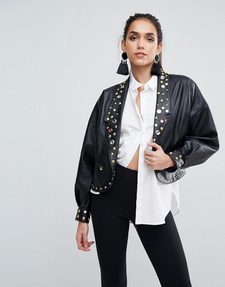 Asos Leather Look Biker Jacket With 80's Jewel Embellishment - Black