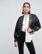 Asos Leather Look Biker Jacket With 80's Jewel Embellishment - Black