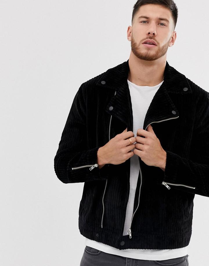 Asos Design Cord Biker Jacket In Black-gray