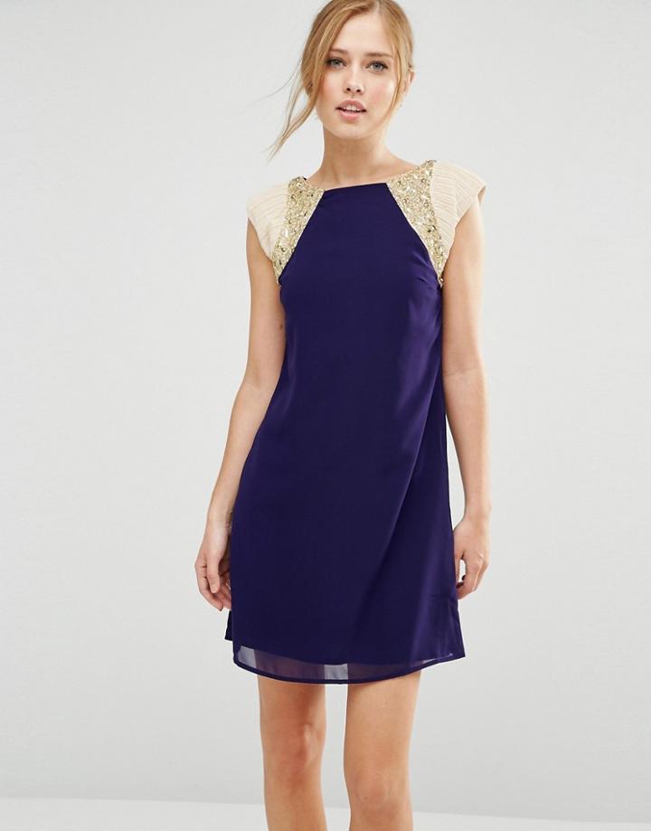 Little Mistress Shift Dress With Metallic Sleeves - Navy