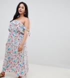 Nvme Floral Bardot Maxi Dress With Tie Sleeve Detailing - White