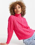 Qed London Half Zip Cable Knit Sweater In Pink