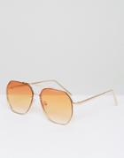 Asos Angular Hexagon Aviator Sunglasses With Colored Fade Orange Lens - Gold