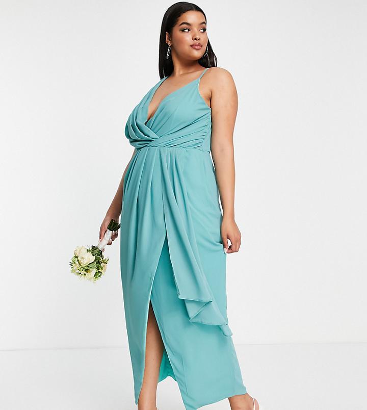 Tfnc Plus Bridesmaid Chiffon Wrap Maxi Dress With Hi Low Hem In Sea Blue