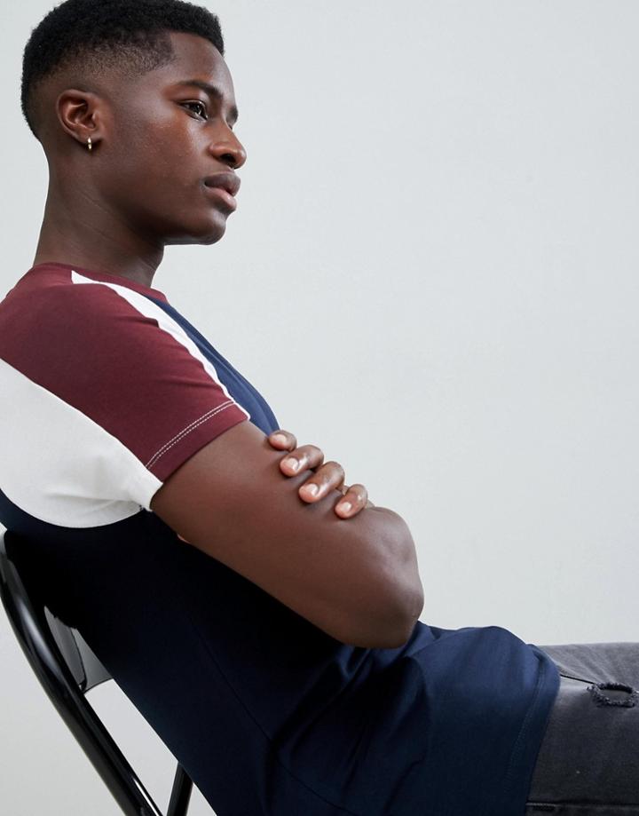 Asos Design T-shirt With Contrast Split Sleeves In Navy - Navy