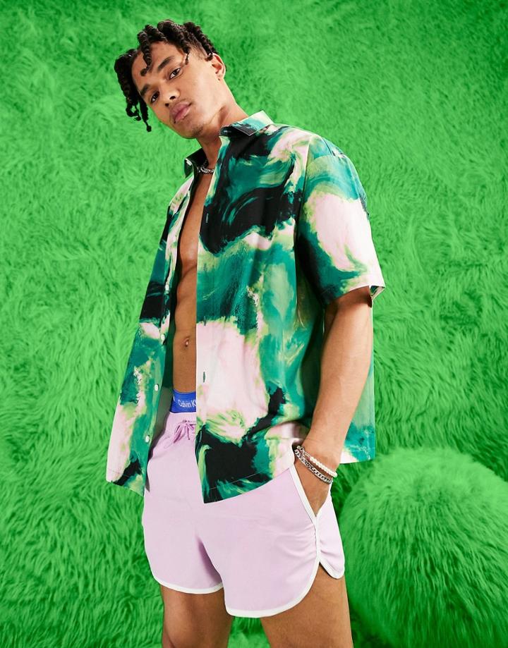 Asos Design Relaxed Shirt In Abstract Heat Map Print-green