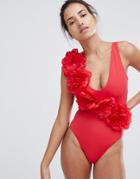 Asos Design 3d Flower Plunge Swimsuit - Red