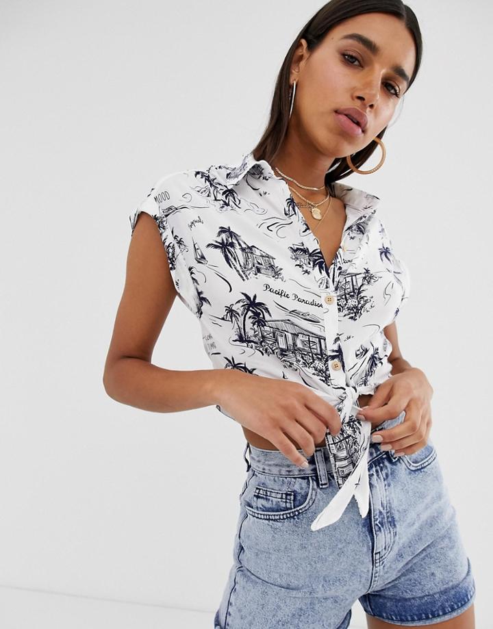 Bershka Floral Tie Front Shirt In White