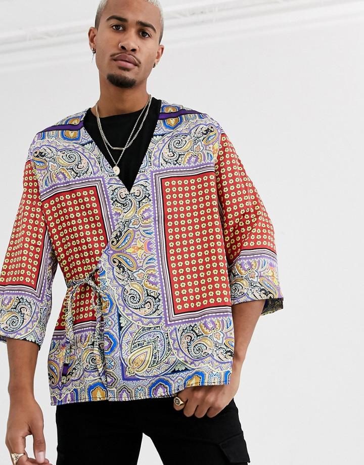 Asos Design Regular Wrap Kimono In Paisley-orange