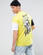 Asos Oversized T-shirt With Skull Back Print And Contrast Sleeve - Yellow