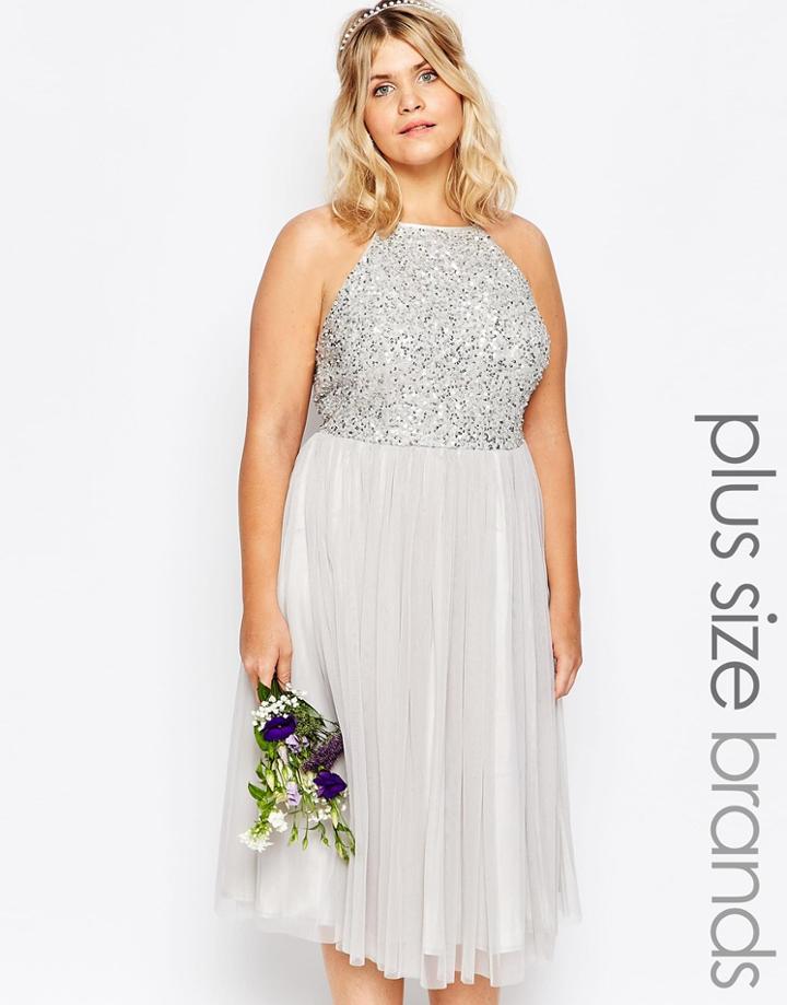 Lovedrobe High Neck Sequin Tulle Midi Dress - Gray