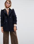 Gloverall Reefer Coat With Real Shearling Collar - Navy