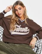 Pull & Bear Varsity Long Sleeve Sweatshirt In Brown
